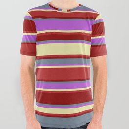 [ Thumbnail: Eyecatching Slate Gray, Orchid, Pale Goldenrod, Red, and Dark Red Colored Lines/Stripes Pattern All Over Graphic Tee ]