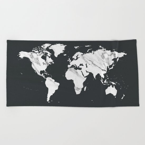 Marble World Map in Black and White Beach Towel