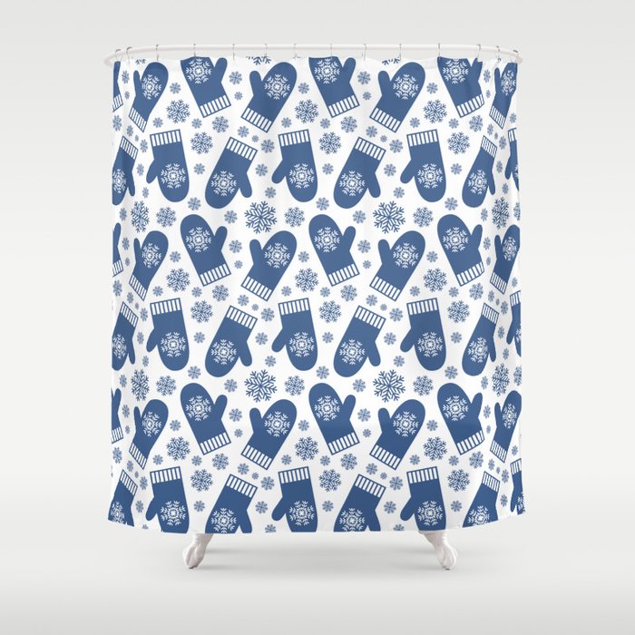 Wintery Blue Snowflake Mittens Shower Curtain
