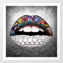 lips and Diamonds Art Print | Fashionable, Alternative, Expression, Mouth, Attractive, Bodyart, Redlips, Erotic, Sensuality, Kinky 