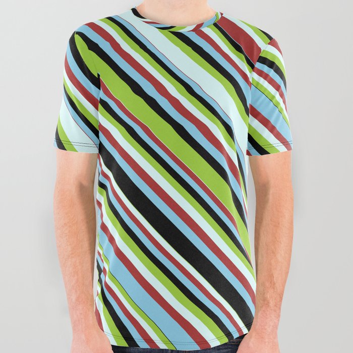 Green, Light Cyan, Brown, Sky Blue & Black Colored Striped Pattern All Over Graphic Tee