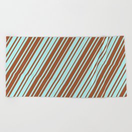 [ Thumbnail: Sienna and Turquoise Colored Lines Pattern Beach Towel ]