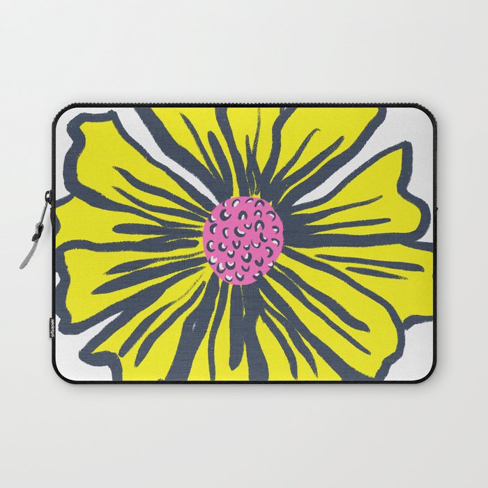 Mid-Century Modern Giant Bright Yellow Daisy Flower On White With Hot Pink Retro Focal Point Art Laptop Sleeve