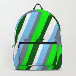 [ Thumbnail: Eye-catching Light Sky Blue, Light Slate Gray, Lime, Dark Green, and White Colored Stripes Pattern Backpack ]