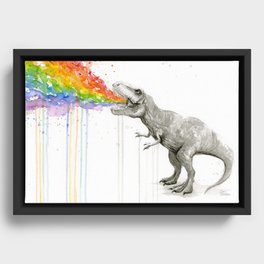 T-Rex Dinosaur Rainbow Puke Taste the Rainbow Watercolor Framed Canvas