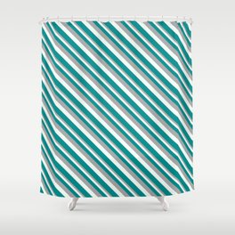[ Thumbnail: Dark Grey, Mint Cream, and Dark Cyan Colored Lined Pattern Shower Curtain ]