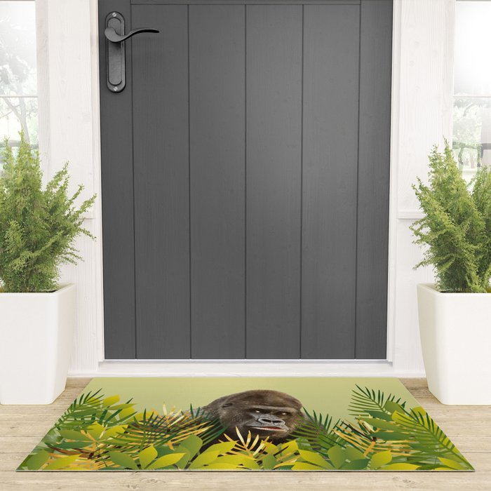 Gorilla in Jungle with Palm leaves Outdoor Rug by Move-Art