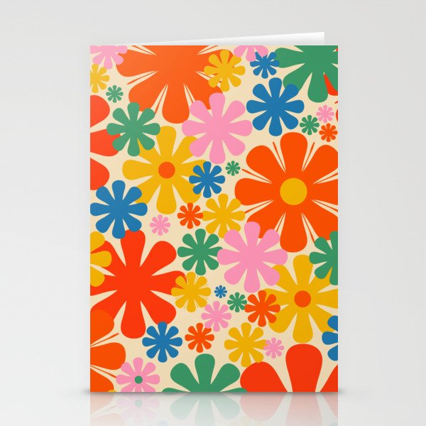 Retro 60s 70s Aesthetic Floral Pattern in Rainbow Pop Colours Stationery Cards