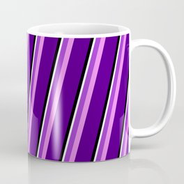 [ Thumbnail: Eyecatching Dark Orchid, Violet, Indigo, Black & White Colored Stripes/Lines Pattern Coffee Mug ]