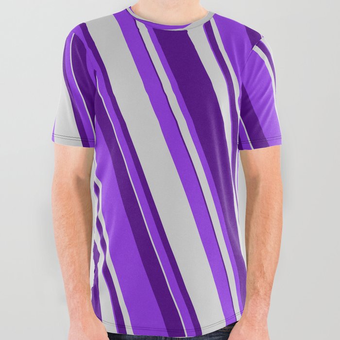 Purple, Light Gray & Indigo Colored Stripes/Lines Pattern All Over Graphic Tee