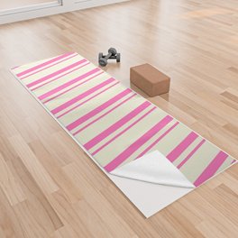 [ Thumbnail: Hot Pink & Beige Colored Lined Pattern Yoga Towel ]