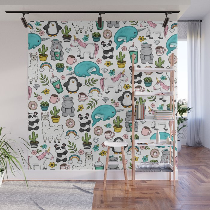 Girly Icon Art, Narwhals, Pandas, Llamas, Unicorns, Penguins and Baby Hippos, Emoji Tween Girl Art Wall Mural