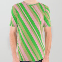 [ Thumbnail: Dark Khaki, Light Pink & Lime Green Colored Lines/Stripes Pattern All Over Graphic Tee ]