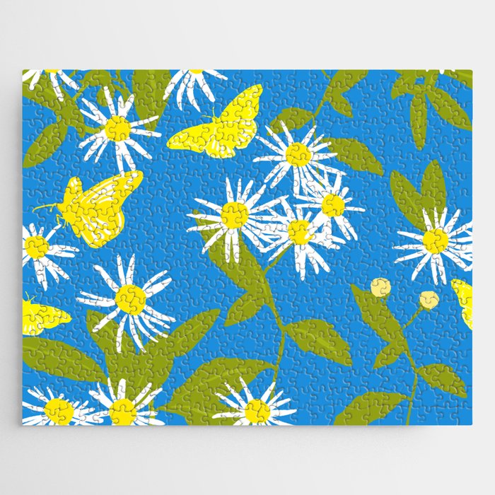 Retro Little Daisies And Butterflies Deep Turquoise  Jigsaw Puzzle