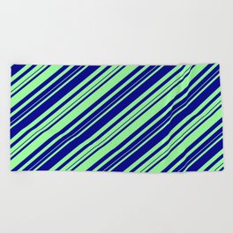 [ Thumbnail: Dark Blue and Green Colored Lines/Stripes Pattern Beach Towel ]