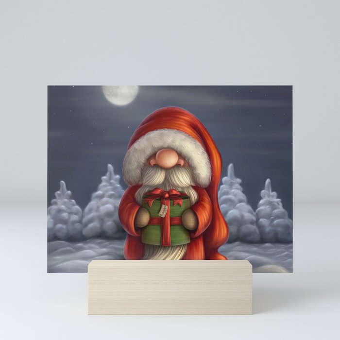Little Santa with a gift Mini Art Print