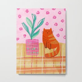 Orange Cat & Green Plant Metal Print | Ochre, Orange, Floral, Naive, Digital, Curated, Flowers, Painting, Botanical, Illustration 