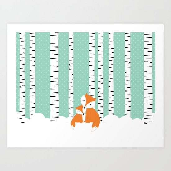 Foxes in winter forest. Art Print