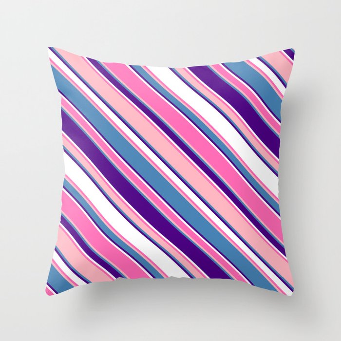 Colorful Hot Pink, Light Pink, Blue, Indigo & White Colored Stripes Pattern Throw Pillow
