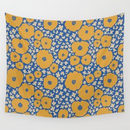 Gold Blooms on Blue Wall Tapestry