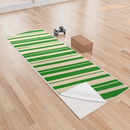 [ Thumbnail: Green & Bisque Colored Striped Pattern Yoga Towel ]