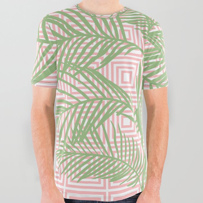 Retro Tropical Palm Trees and Geometric Square Pattern in Modern Pink and Green All Over Graphic Tee