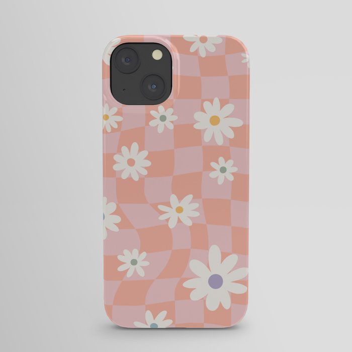 Checkered Warped Retro Flower in Pink Peach Tones iPhone Case