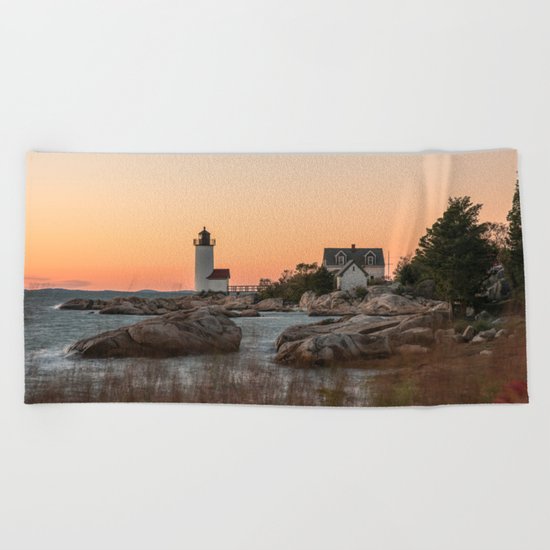 Autumn Lighthouse at sunset Beach Towel