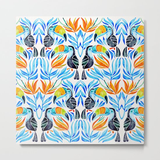 Tropical Toucans – Blue Leaves Metal Print