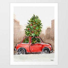 Christmas Red Car Art Print