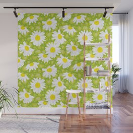 Cute Daisies on Leopard Print Pattern \\ Retro Green & Yellow Color Palette \\ Indie Kid Aesthetics Wall Mural