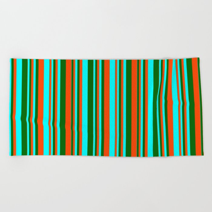 Red, Cyan, and Dark Green Colored Lined/Striped Pattern Beach Towel