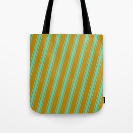 [ Thumbnail: Dark Goldenrod & Aquamarine Colored Striped/Lined Pattern Tote Bag ]