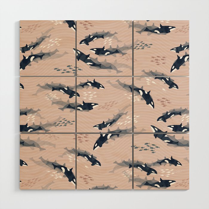 Orca in Motion / blush ocean pattern Wood Wall Art