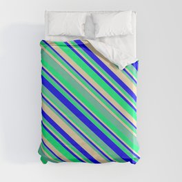 [ Thumbnail: Tan, Blue, Aquamarine & Green Colored Lines Pattern Duvet Cover ]