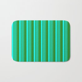 [ Thumbnail: Cyan and Forest Green Colored Stripes Pattern Bath Mat ]