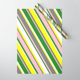 [ Thumbnail: Colorful Yellow, Grey, Pink, Forest Green & White Colored Lines/Stripes Pattern Wrapping Paper ]