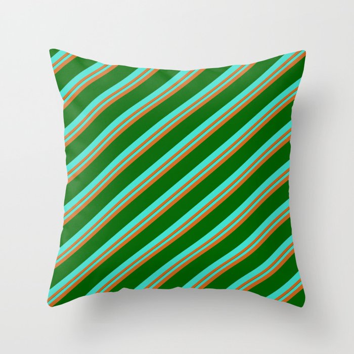 Turquoise, Chocolate & Dark Green Colored Stripes Pattern Throw Pillow
