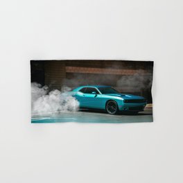 Vintage blue Hemi Challenger American Muscle car doing a burnout automobile transportation color photograph / photography poster posters Hand & Bath Towel