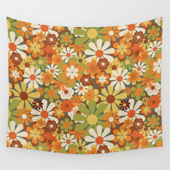 70's Retro Flowers Print Wall Tapestry
