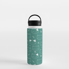 Green Blue and White Doodle Kitten Faces Pattern Water Bottle