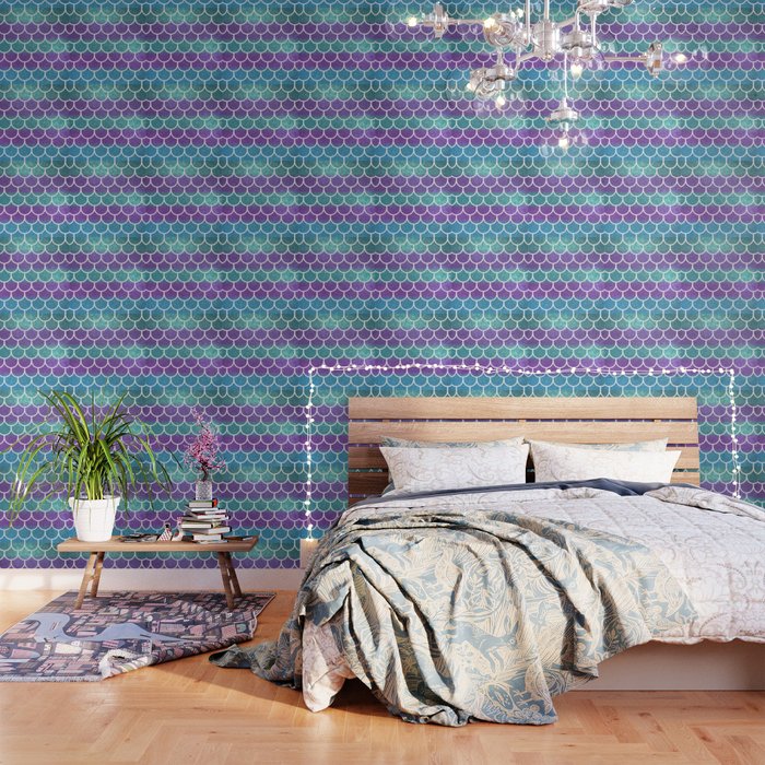 Purple Teal Glitter Mermaid Scallop Scales Wallpaper