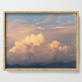 Cloudy orange sunset over the mountains Serving Tray