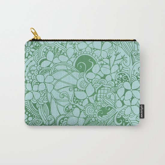 Blue square, green floral doodle, zentangle inspired art pattern Carry-All Pouch