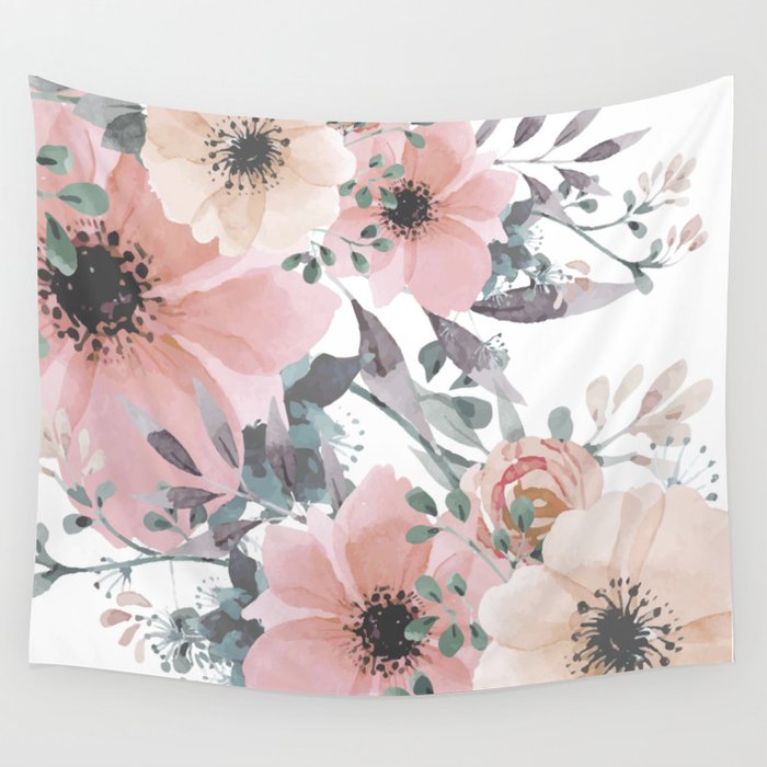 Watercolor, Blush Pink and Peach, Floral Prints Wall Tapestry