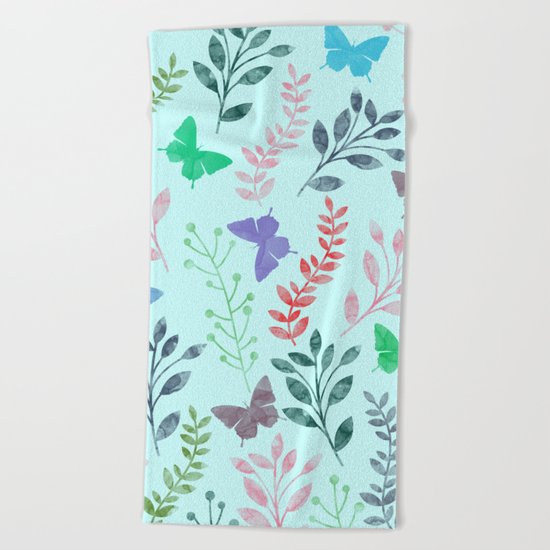 Watercolor flowers & butterflies II Beach Towel