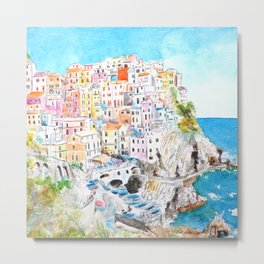 Italy Cinque Terre watercolor painting Metal Print | Painting, Europearts, Summerpainting, Summerarts, Landscapepainting, Colorandcolor, Watercolor, Italyvillage, Buildings, Bluesky 