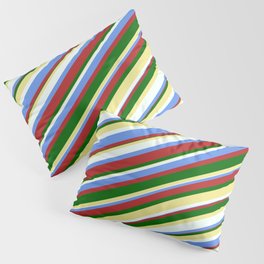 [ Thumbnail: Colorful Tan, Mint Cream, Cornflower Blue, Red, and Dark Green Colored Stripes Pattern Pillow Sham ]