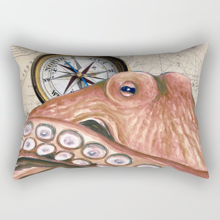 Red Octopus Compass Vintage Map Nautical Beige Beach Chic Rectangular Pillow