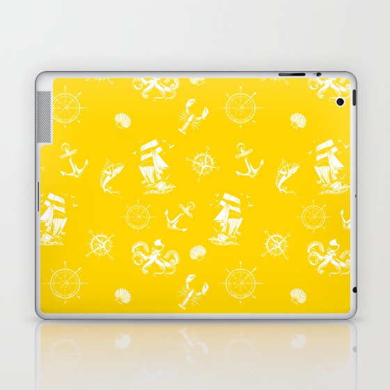 Yellow And White Silhouettes Of Vintage Nautical Pattern Laptop & iPad Skin
